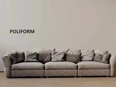 POLIFORM Modern Three Seater Gray Sofa With Multiple Soft Comfortable Pillows 3d model