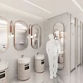 Elegant Modern Public Restroom Corridor With Round Mirrors Stone Sinks And Lighting