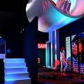 Tobacco and Liquor Store Interior With Arched Structures Colorful Lighting and Customers