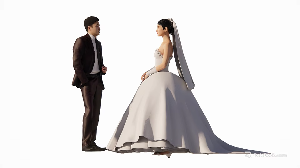 Bride And Groom Standing Face Each Other In Elegant Wedding Dress And Suit With Veil 3d model 