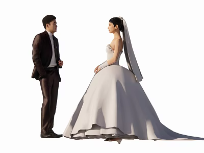 Bride And Groom Standing Face Each Other In Elegant Wedding Dress And Suit With Veil 3d model
