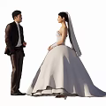Bride And Groom Standing Face Each Other In Elegant Wedding Dress And Suit With Veil
