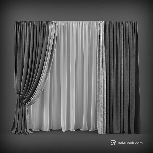 Dark Curtains With White Sheer Layered Design For Modern Interior Decor 3d model 