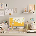 Cozy Home Desk Setup With Yellow Monitor Keyboard Mouse Lamp Decorations And Wall Decor