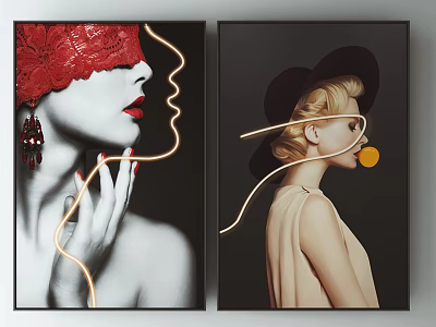 Two Female Portrait Paintings Featuring Lace Blindfold Red Lips Blonde Hair Hat and Neon Lines 3d model