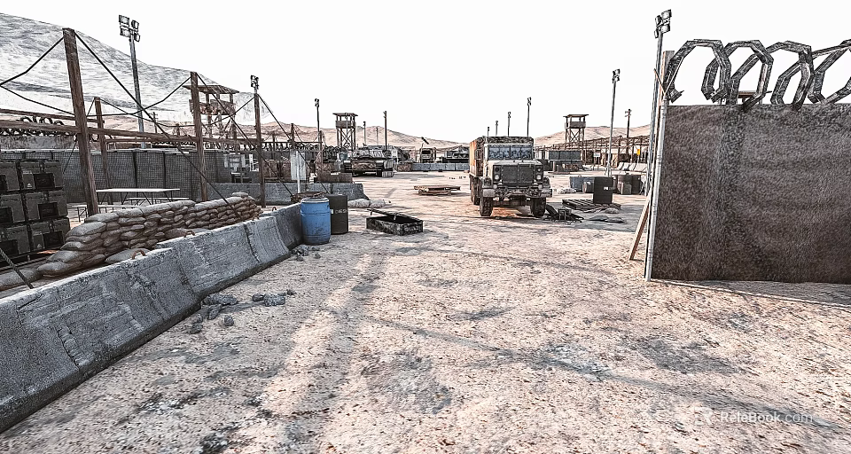 Outdoor Military Style Area With Gravel Ground Truck Metal Structures And Fences 3d model 