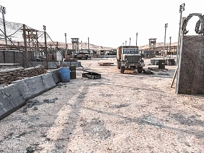 Outdoor Military Style Area With Gravel Ground Truck Metal Structures And Fences 3d model