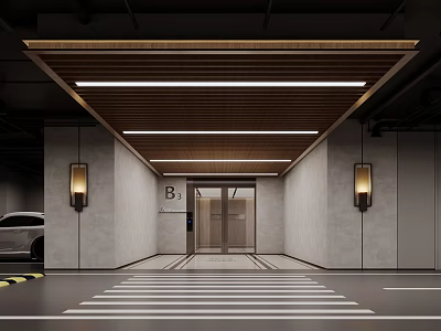 Modern Parking Garage Entrance With B3 Sign Wooden Ceiling Lighting And Guidance Lines 3d model