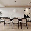 Modern Restaurant Interior With Dining Table Chairs Pendant Light Artwork Plants And Wooden Floor