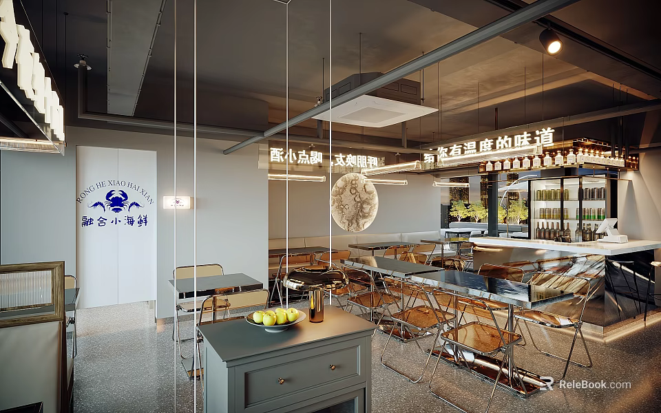 Modern Café Interior Design With Hanging Lights Wooden Tables And Comfortable Chairs 3d model 