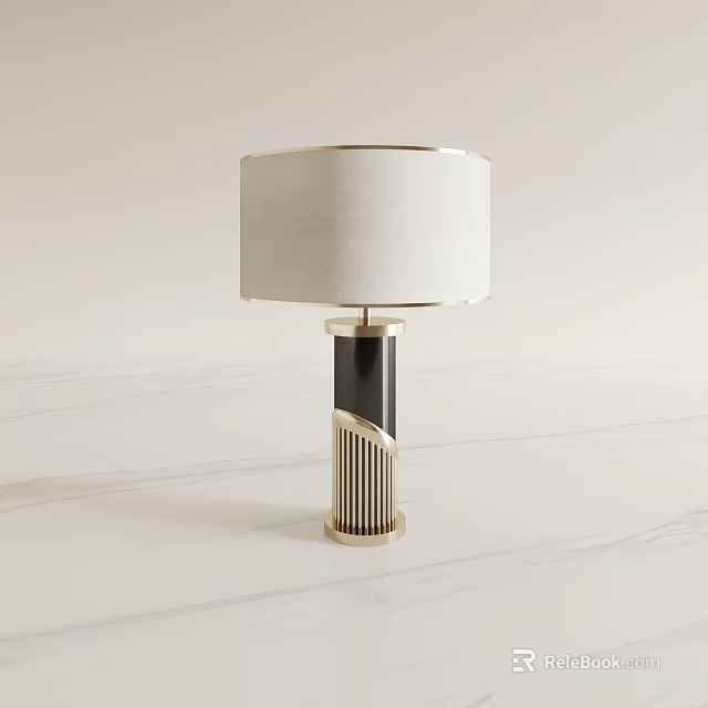 Modern Table Lamp With White Linen Shade Gold Trim And Black Vertical Striped Base 3d model 