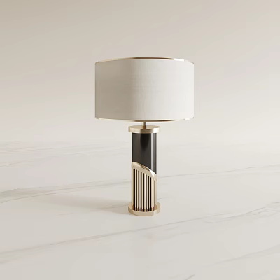 Modern Table Lamp With White Linen Shade Gold Trim And Black Vertical Striped Base 3d model