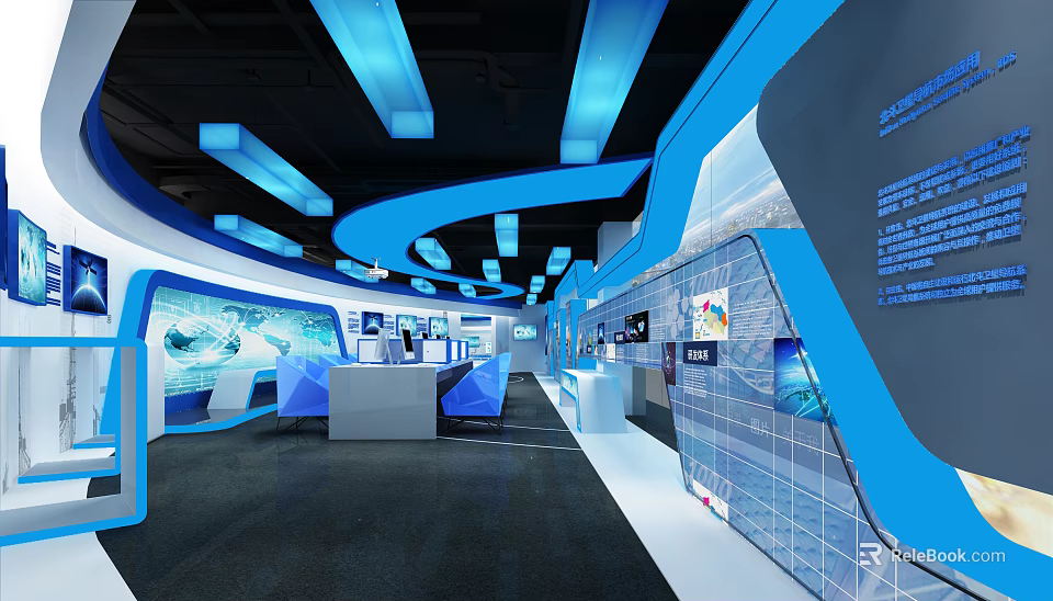 Modern Tech Exhibition Hall Interior With Blue Lighting And Digital Displays 3d model 