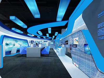 Modern Tech Exhibition Hall Interior With Blue Lighting And Digital Displays 3d model