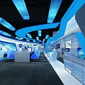 Modern Tech Exhibition Hall Interior With Blue Lighting And Digital Displays