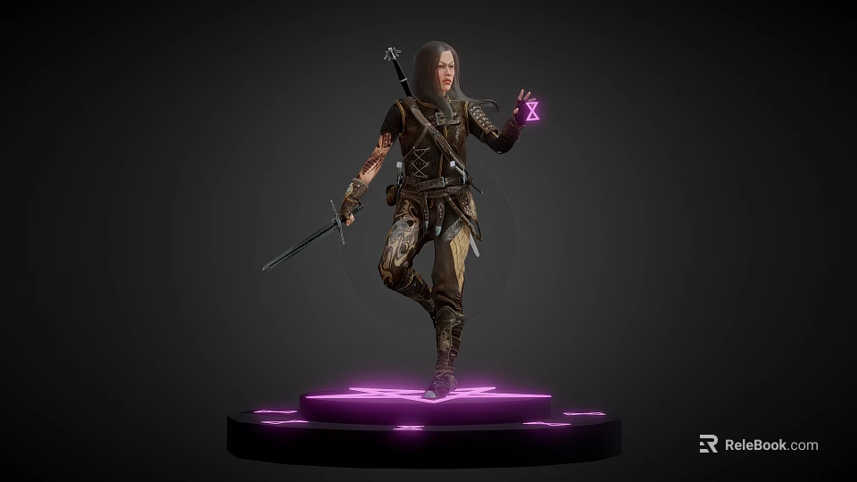Game Character Holding Sword with Purple Magic in Leather Armor on Glowing Base 3d model 