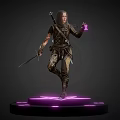 Game Character Holding Sword with Purple Magic in Leather Armor on Glowing Base