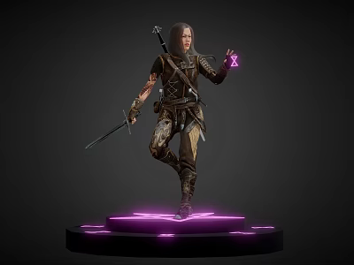 Game Character Holding Sword with Purple Magic in Leather Armor on Glowing Base 3d model