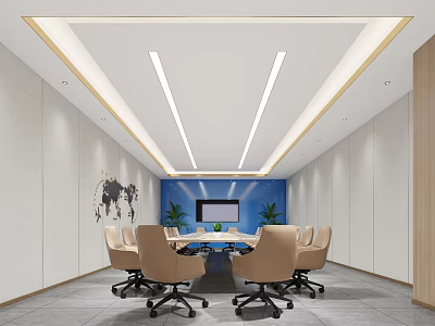 Modern Conference Room With Long Table Meeting Chairs World Map And Large Screen 3d model