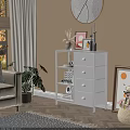 White Storage Shelf with Drawers in Living Room Decorated with Vases Frames and Candles