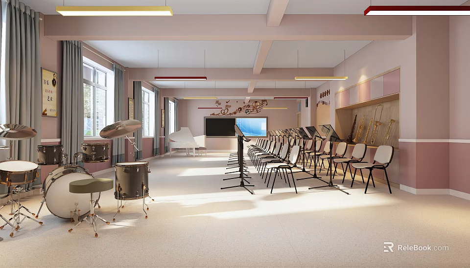 Bright Book Art Classroom Interior With Arranged Chairs Lighting Windows And Decorative Elements 3d model 
