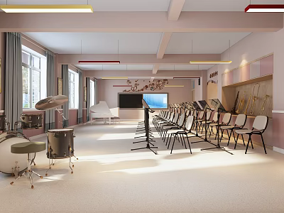 Bright Book Art Classroom Interior With Arranged Chairs Lighting Windows And Decorative Elements 3d model