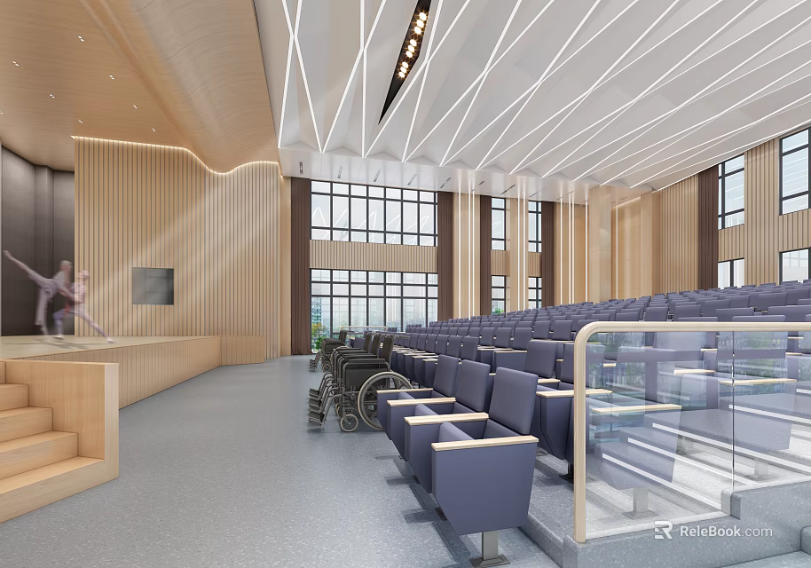 Modern School Auditorium With Blue Seats Stage Large Windows And Wheelchair Access 3d model 