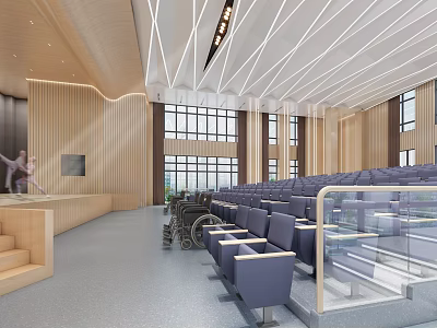 Modern School Auditorium With Blue Seats Stage Large Windows And Wheelchair Access 3d model