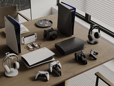 Modern Entertainment Electronics Collection With Game Consoles Wireless Controllers Headphones And Laptop 3d model