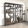 Traditional Wooden Chinese Display Shelf With Decorative Vases Books Drawers And Cabinet Doors