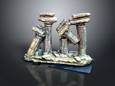 Scenic Ruined Stone Pillar Sculpture with Earth Yellow Gray Hues Worn Traces and Green Moss 3d model