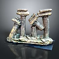 Scenic Ruined Stone Pillar Sculpture with Earth Yellow Gray Hues Worn Traces and Green Moss