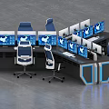 Modern Monitoring Room Setup With Multiple Control Desks And Blue Chairs