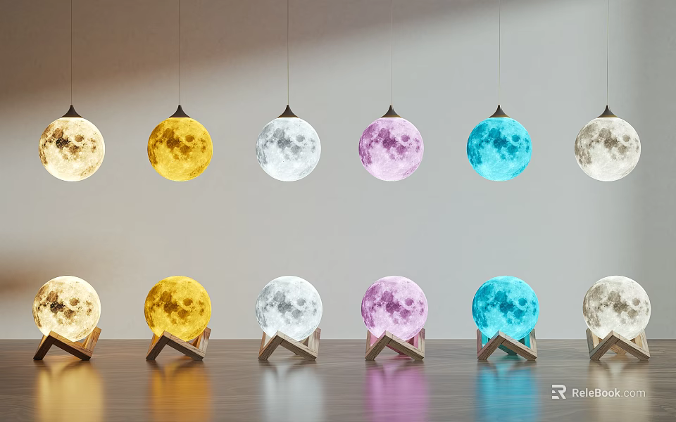 Moon shaped Table Lamps with Various Colors and Wooden Base for Home Decor 3d model 