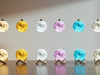Moon shaped Table Lamps with Various Colors and Wooden Base for Home Decor 3d model