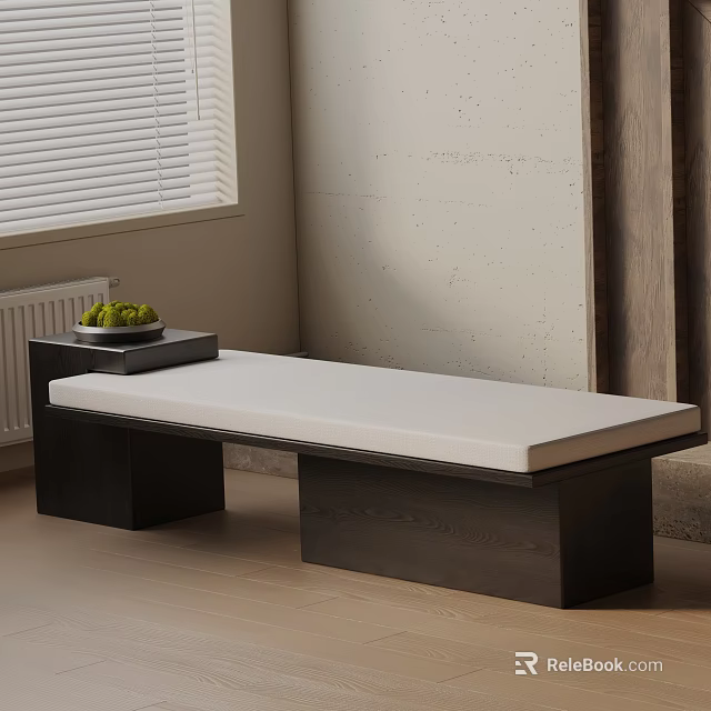 Stylish Shoe Bench With White Cushion Black Wooden Frame And Small Tray With Green Fruits 3d model 