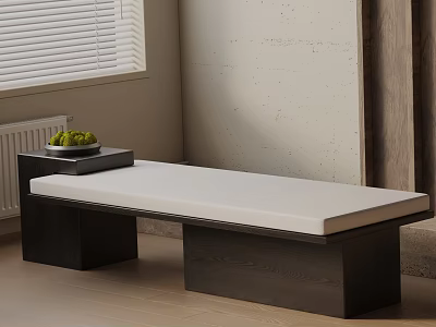 Stylish Shoe Bench With White Cushion Black Wooden Frame And Small Tray With Green Fruits 3d model