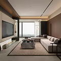 Modern Open Living and Dining Room with Wooden Bar Counter TV Wall Fireplace and Coffee Table