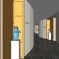 Modern Hotel Corridor With Warm Lighting Glass Display Shelves Blue Sculpture And Patterned Carpet