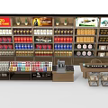 Display Shelves Featuring Multi Colored Products in Layered Arrangement with Retail Store Advertising Posters
