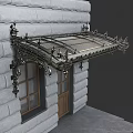 Ornate Iron Awning With Intricate Designs Mounted On Stone Wall Above Windows