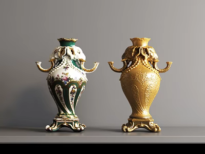 Elegant Decorative Vases With Colorful Floral Pattern And Gold Carved Design On Gray Tabletop 3d model