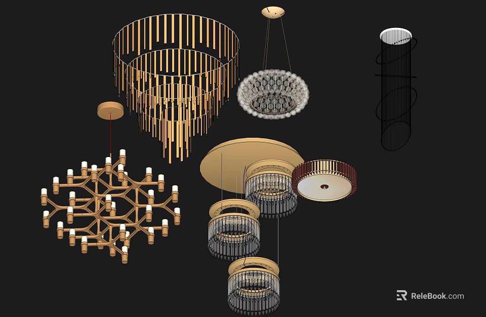 Various Stylish Chandeliers With Crystal Drops Golden Frames And Geometric Designs 3d model 