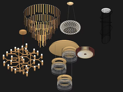 Various Stylish Chandeliers With Crystal Drops Golden Frames And Geometric Designs 3d model