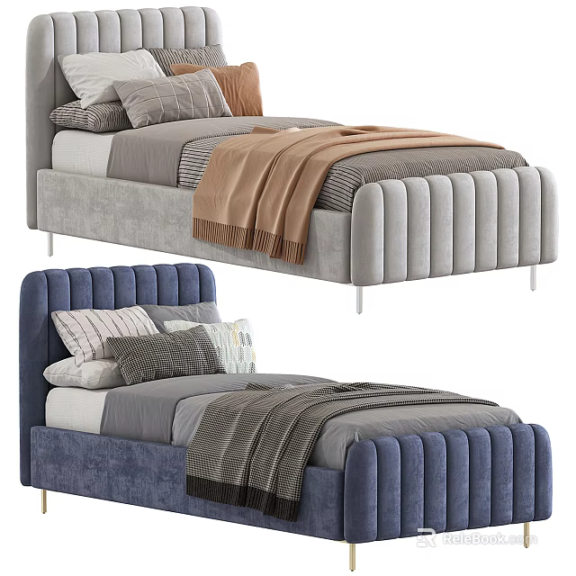 Modern Kids Bed With Tufted Headboard Gray And Blue Design Including Pillows And Blankets 3d model 