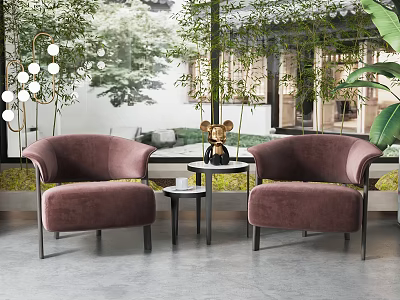 Modern Leisure Sofa Set with Two Pink Chairs Small Round Table and Green Plants 3d model