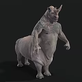 Artistic Standing Rhino Figure With Intricate Tattoo Patterns On Muscular Body