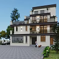 Modern Detached Villa Exterior with Multiple Balconies Large Windows Lush Trees and Driveway