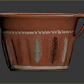 Decorative Ornament Set Red Ceramic Bowl With Handle Colorful Feather Patterns And White Decorative Lines