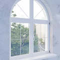 Sleek White Double Casement Windows With Grid Panes Handles And Arched Top